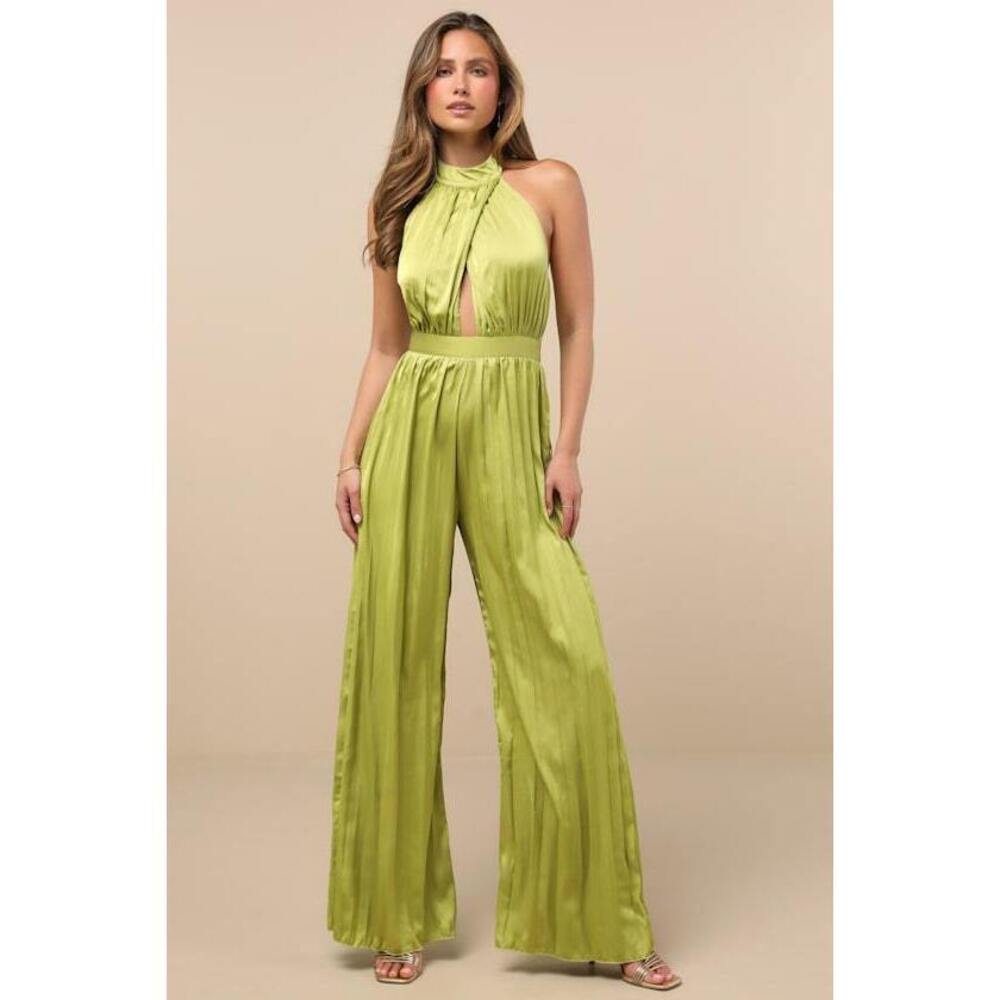 Lulus Confident Impression Lime Green Satin Pleated Halter Jumpsuit - Size M